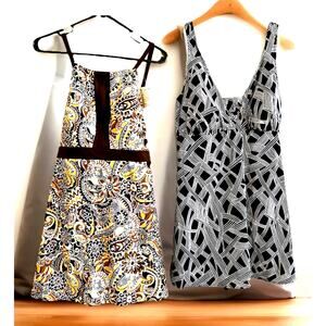 2* 20W One Piece High Swimsuit Dress Black Paisley Geo Print Plus Size Lot 2 NEW
